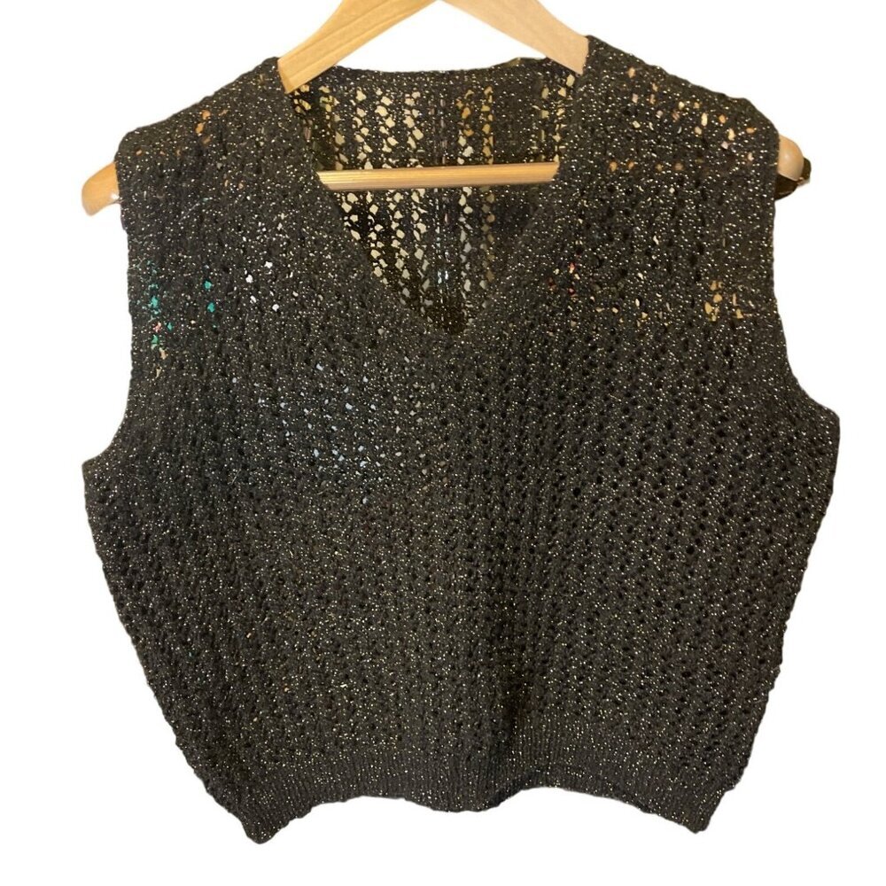 Black Sparkle Crocheted V Neck Sleeveless Pullover Sweater Sz L